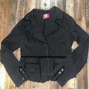 Red Balls On Fire Large Black Denim Jacket Velvet blazer goth redballs steampunk